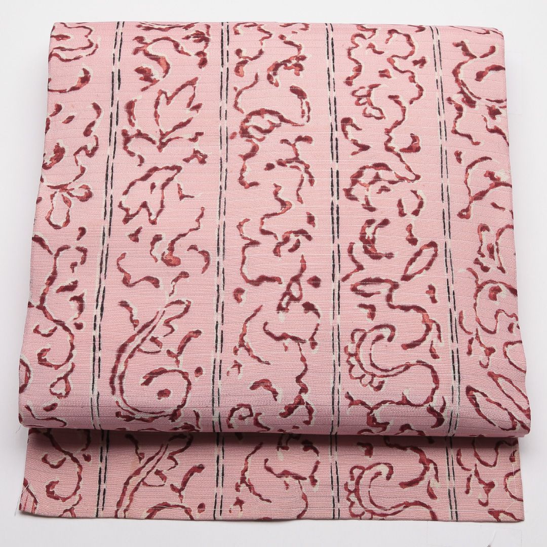 お買い得品！アンティーク 九寸名古屋帯 （夏帯） 帯丈328cm 正絹 全通 名古屋仕立て 織り 縞 ピンク系 M4 1245-01801