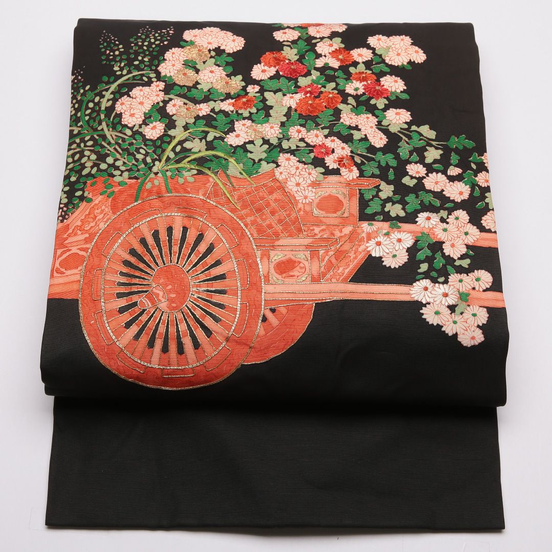 特価！九寸名古屋帯 帯丈376cm 正絹 ポイント柄 名古屋仕立て 染め インフォーマル 金駒刺繍 花車 菊 黒系 RP 1245-01816