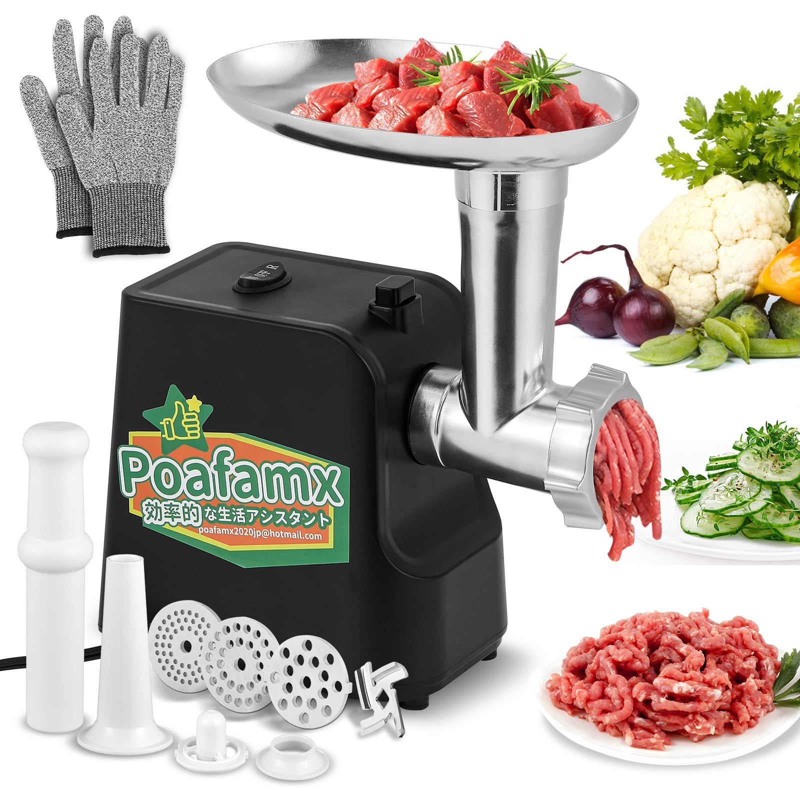 Poafamx ミンサー 電動 3/5/7mm 3種カットブレード付き 野菜スライサー部品5つ付き ミートローフ用部品/ソーセージノズル/ジューサー用部品付き ミンチ機 ひき肉機 肉挽き/腸詰め/みじん切り/野菜ひき/味噌作り 豆挽き機 ステ a3458c18