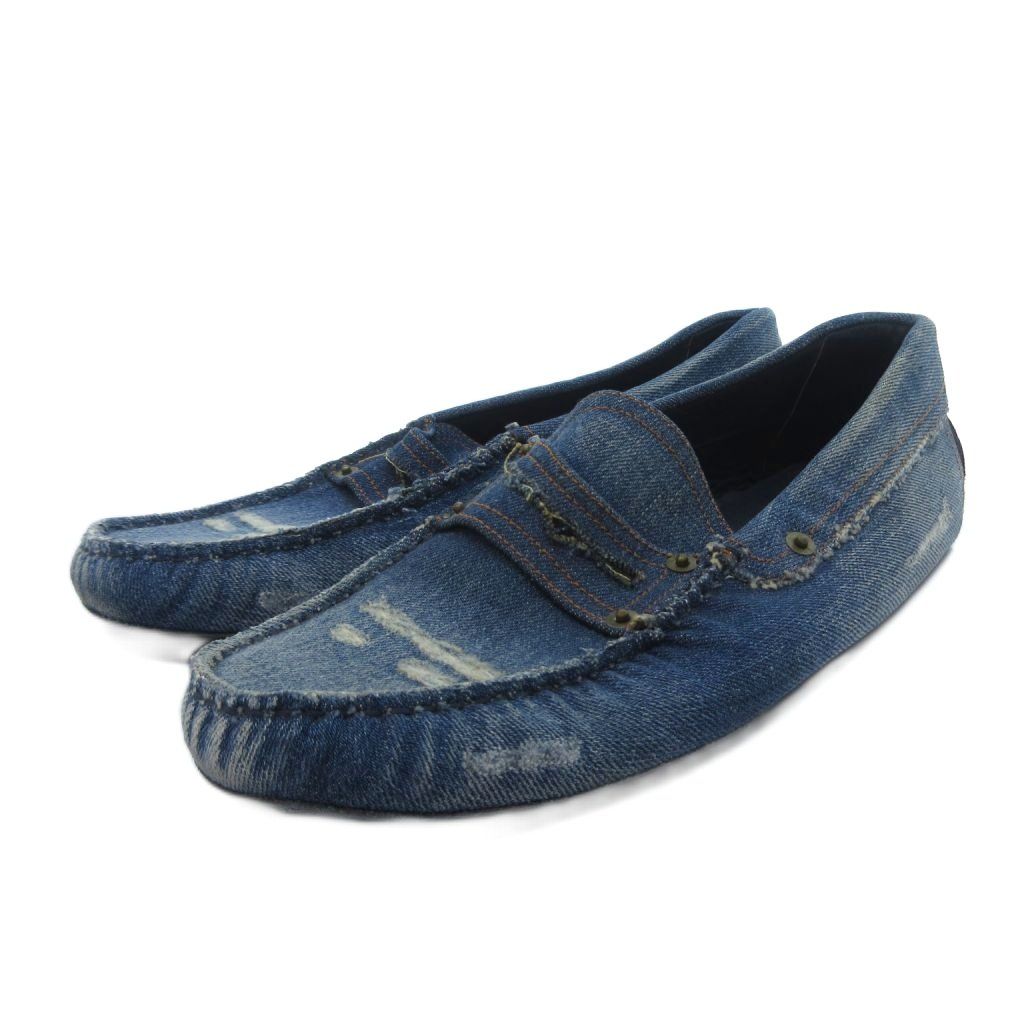 トッズ TOD'S デニム ドライビングシューズ ゴンミーニ スリッポンダメージ加工 リベット 7 1/2 インディゴブルー /HW IBO95