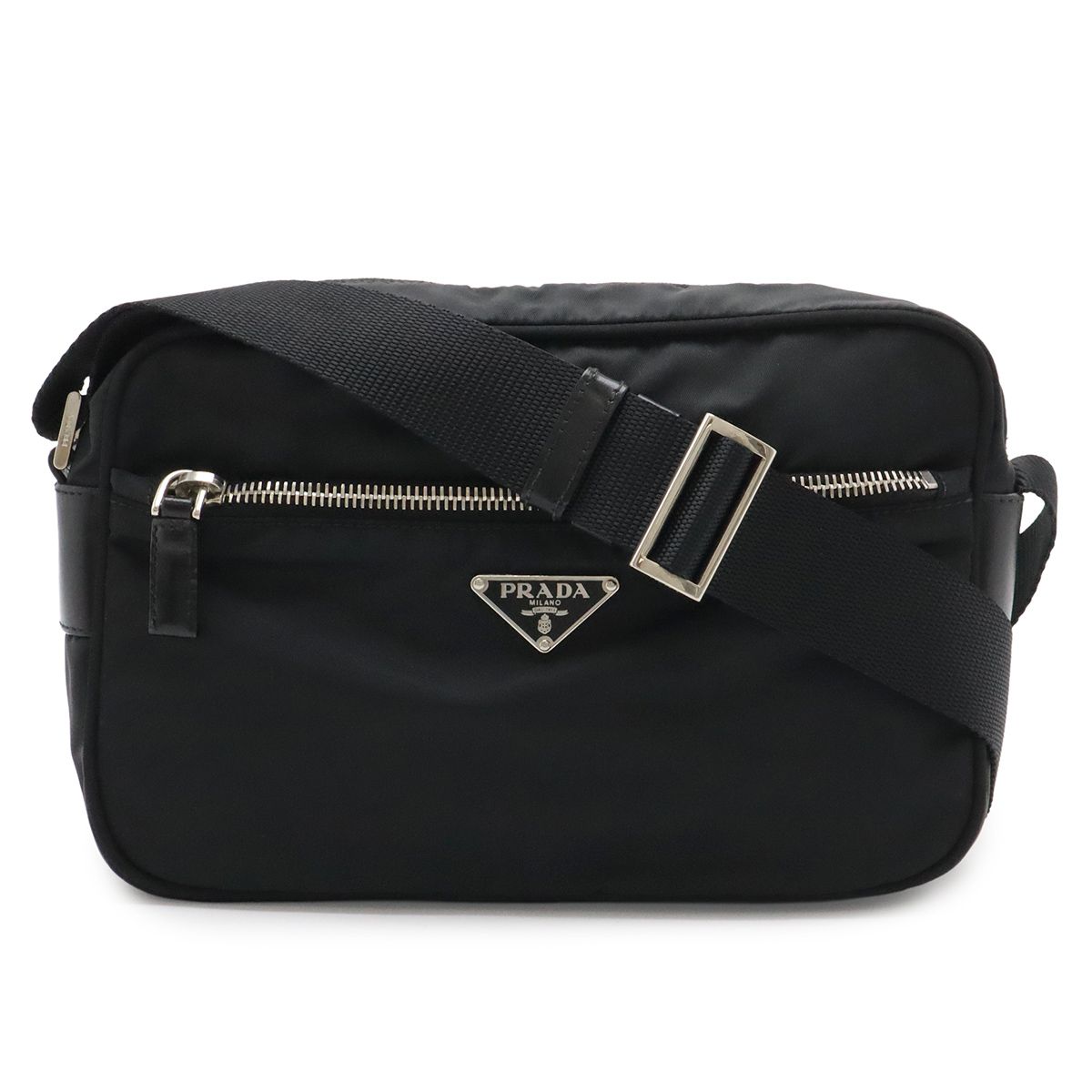 PRADA プラダ トライアングルロゴ ショルダーバッグ ポシェット 斜め掛け ナイロン レザー NERO 黒 ブラック シルバー金具 BT0167
