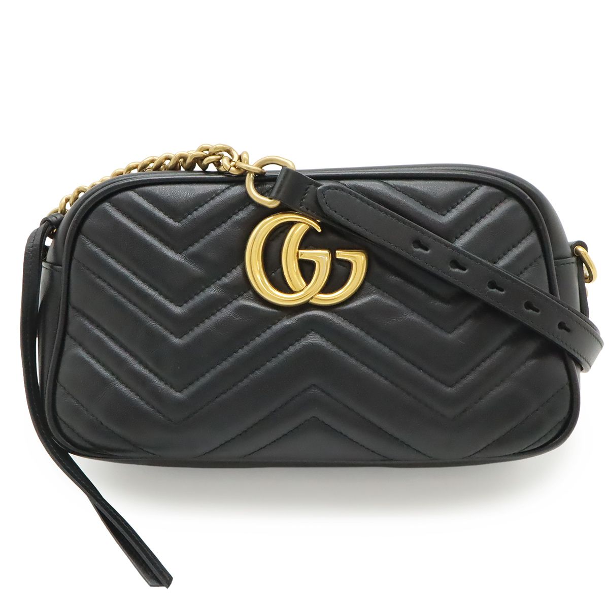 GUCCI グッチ GGマーモント ショルダーバッグ ポシェット チェーンバッグ 斜め掛け キルティング レザー ブラック 黒 ゴールド金具 447632
