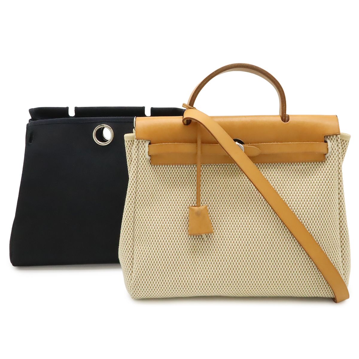 HERMES エルメス エールバッグPM ハンドバッグ 2WAY リュックサック バックパック トワルGM レザー ベージュ ブラック 黒 ライトブラウン □G刻印