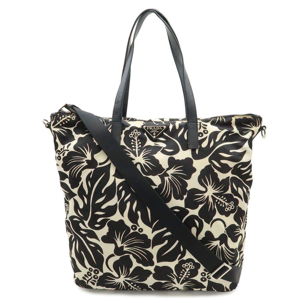PRADA プラダ トートバッグ 2WAY ショルダーバッグ ハイビスカス フラワープリント 花柄 ナイロン レザー NERO ブラック 黒 ホワイト 白 B4696F