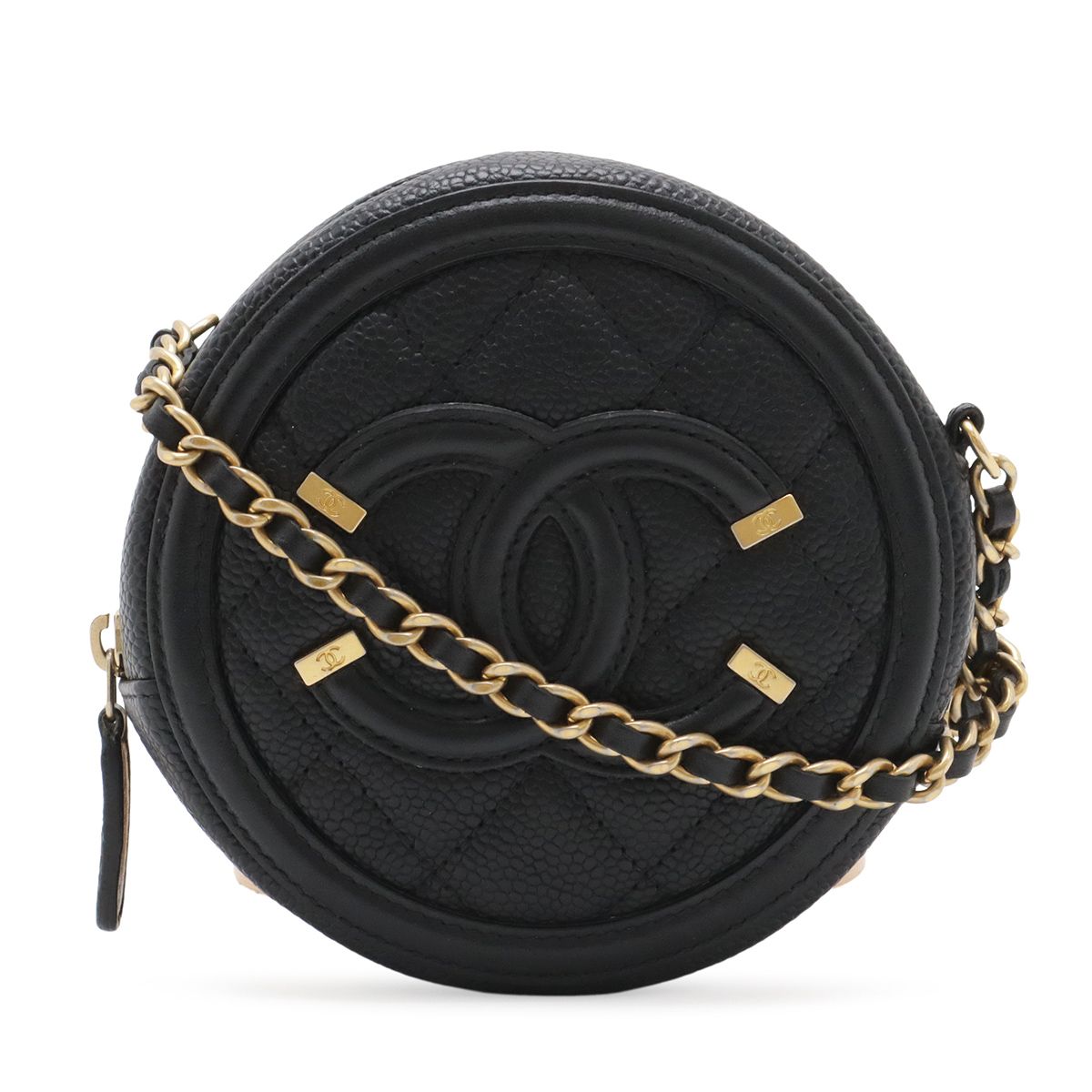 CHANEL シャネル CCフィリグリー ココマーク ラウンドチェーンショルダーバッグ ポシェット キャビアスキン レザー ブラック ゴールド金具 AP0365