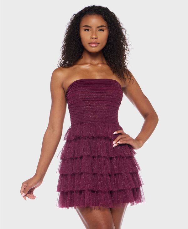 ビーダーリン レディース トップス ワンピース ティアード ミニワンピース ミニ ストラップレス B Darlin Juniors Strapless SideShirred Tiered Glitter Mini Dress Wine ワイン
