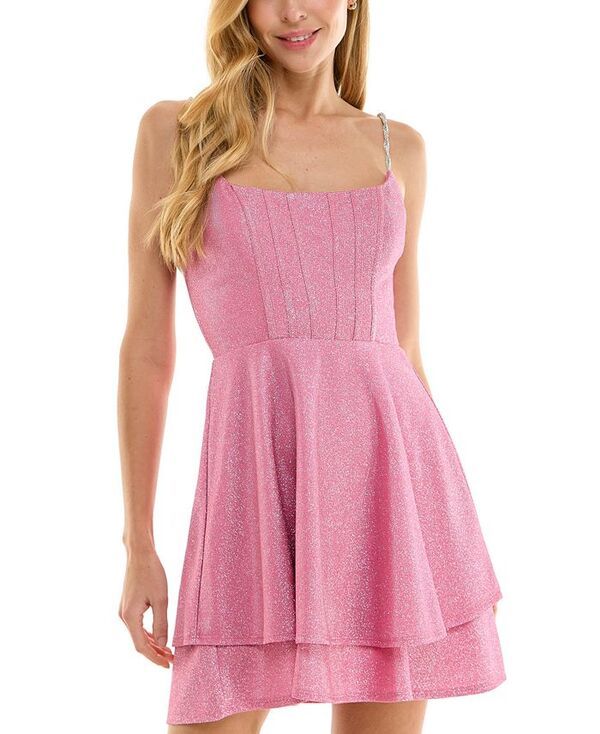 シティー スタジオ レディース トップス ワンピース ミニワンピース ミニ City Studios Juniors Glitter EmbellishedStrap Fit Flare Mini Dress Pink ピンク