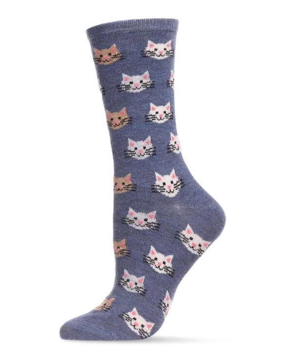 メモイ レディース アンダーウェア 靴下 MeMoi Womensoft Cheerful Cat Face Cashmere Crew Socks Denim heather ヘザー