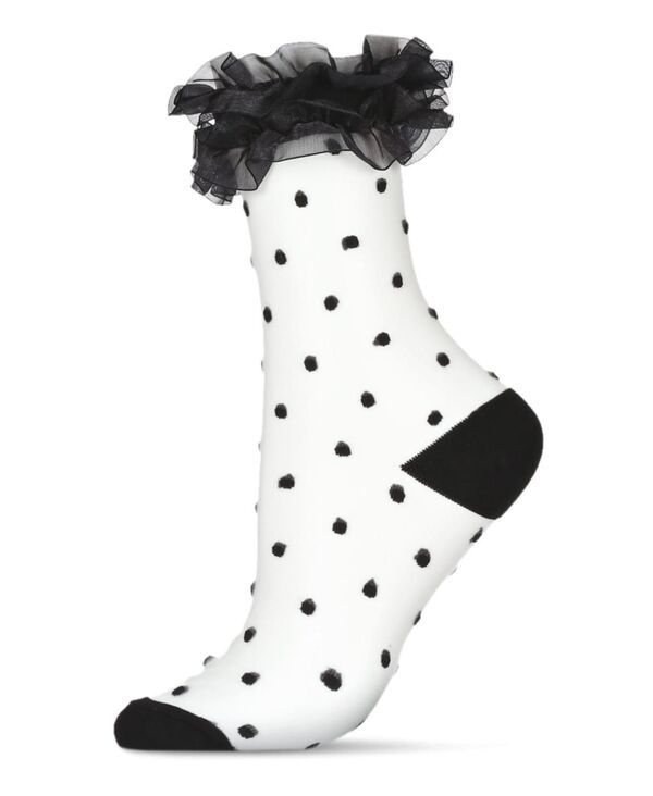 メモイ レディース アンダーウェア 靴下 ドット柄 ドット フリル シアー レース MeMoi Womens Polka Dot Ruffle Lace Cuff Sheer Crew Socks Black ブラック