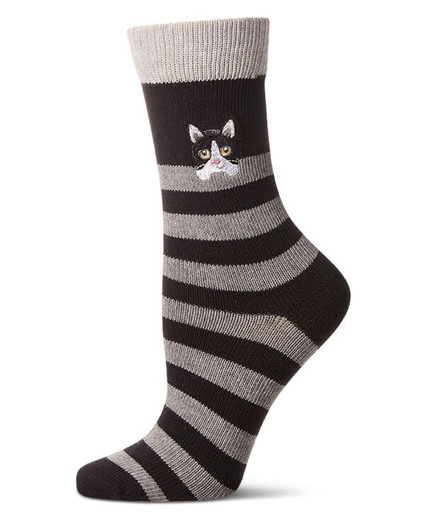 メモイ レディース アンダーウェア 靴下 コットン 刺繍 MeMoi Womens Just Hanging Striped Embroidered Cotton Rich Novelty Crew Socks Black ブラック