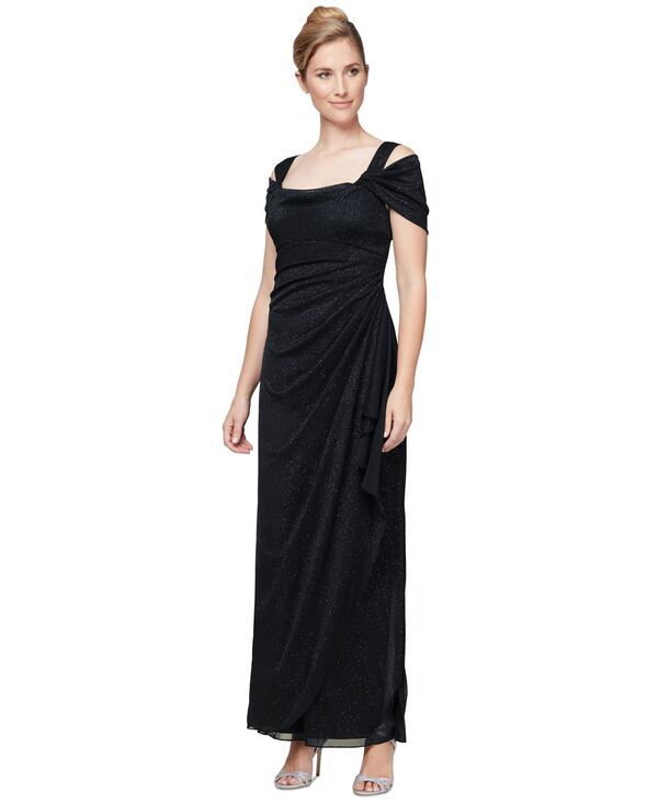アレックスイブニングス レディース トップス ワンピース ドレープ トール Alex Evenings Alex s ColdShoulder Draped Metallic Gown 4P18 Black ブラック