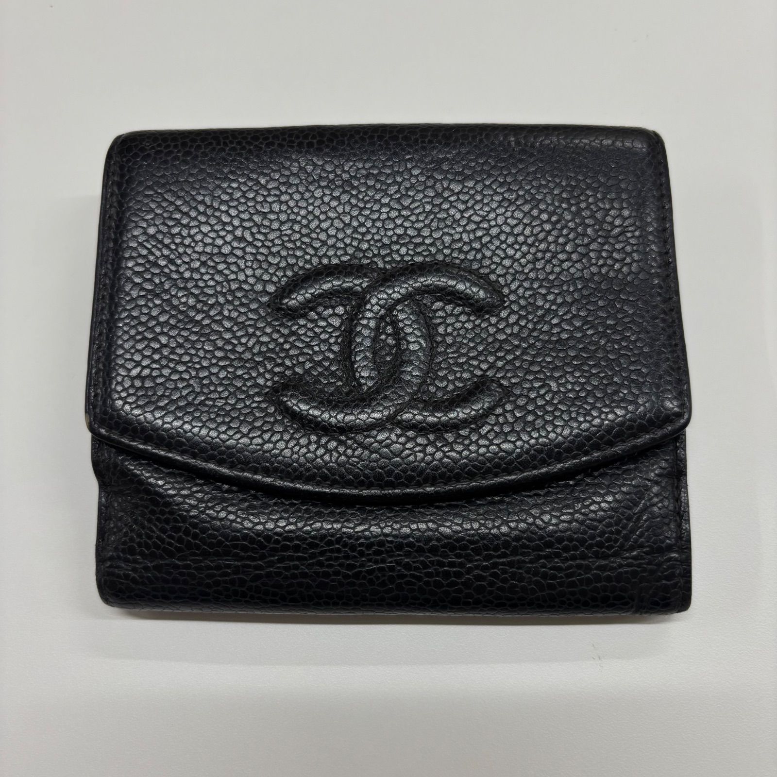 (b) CHANEL シャネル キャビアスキン 折り財布 ミニウォレット 二つ折り 財布 Wホック ココマーク ブラック /10099