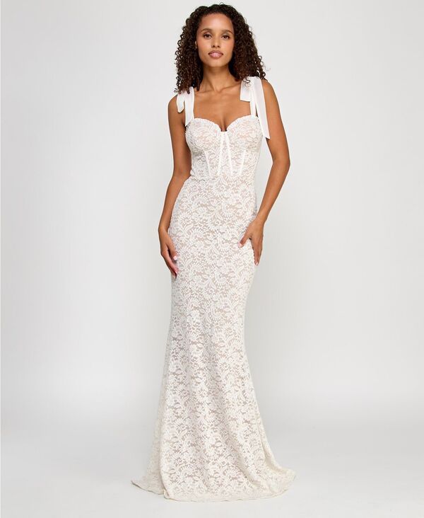 シティー スタジオ レディース トップス ワンピース レース City Studios Juniors GlitterLace TieShoulder Sweetheart Gown Ivory Silverose Petal アイボリー