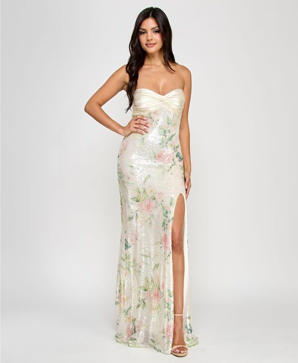 シティー スタジオ レディース トップス ワンピース サテン スパンコール City Studios Juniors Satin TwistFront BowBack Sequined Gown Ivorygreenpink アイボリー