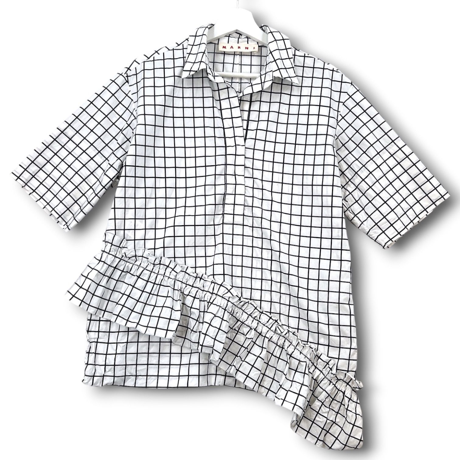 MARNI マルニ チェックフリルアシンメトリーシャツ 半袖シャツ チェック柄 スキッパーカラー 白 ホワイト 黒 ブラック 36 レディース 夏 ゴーゴー古着マルイ北千住店 1 No.2250