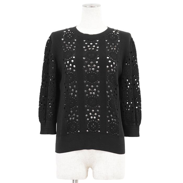 CHANEL シャネル ニット サイズ 42 レディース P62984 リブニット 透かし編み カットワーク プルオーバー 七分丈 トップス ブラック 黒 イタリア製