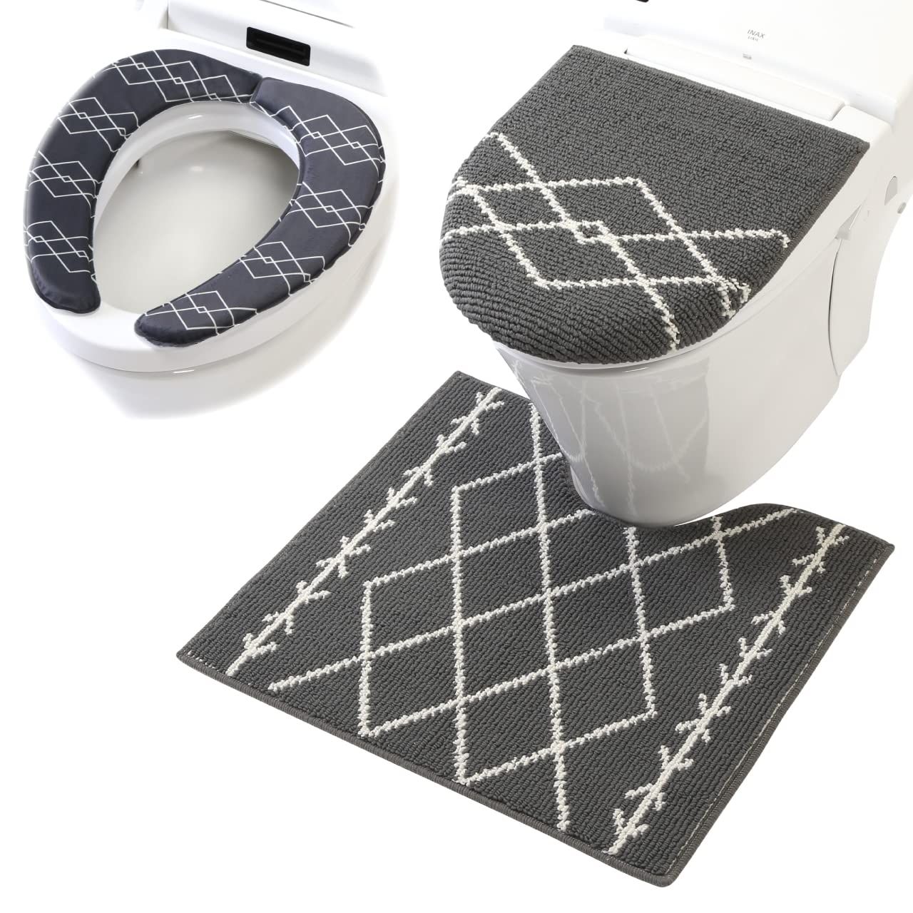 ヨコズナクリエーション トイレタリー (トイレマット&フタカバー&便座カバー 3点セット) (ベニワレン グレー, レギュラー)mi