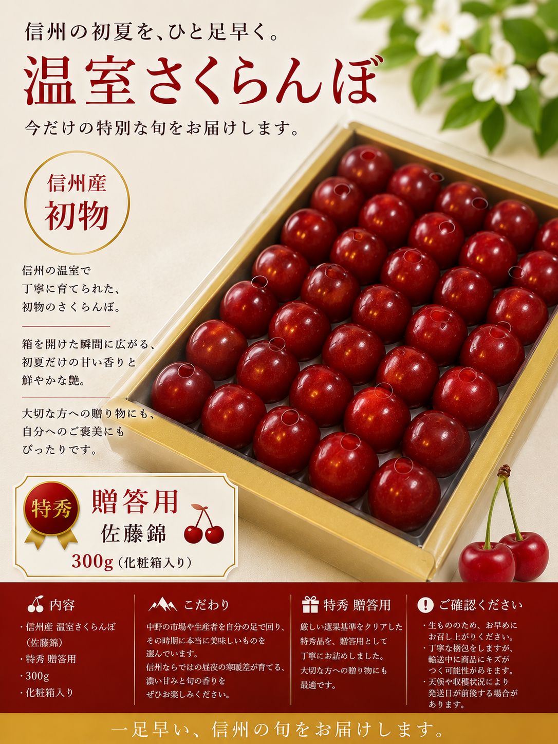 【特秀贈答用】産地直送!信州産 温室栽培 「佐藤錦 」化粧箱入り(300g)
