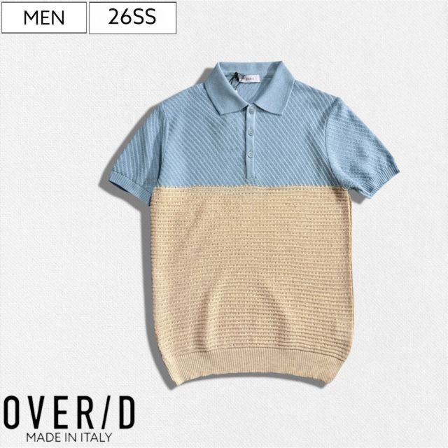 【定価17,600円(税込)】OVER/D - オーバー・ディー 太陽が待ち遠しくなる極上の透け感！都会的なシルエットと2種類の編み地で魅せるニットポロシャツ サマーニット トップス リブ スカイブルー ベージュ オーバーディ 61269062 イタリア製 13,764円