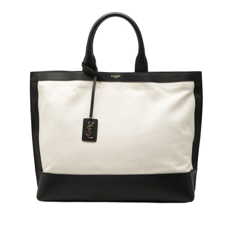 サンローラン ロゴ サック ショッピング トートバッグ 619757 ナチュラル ブラック キャンバス レザー レディース SAINT LAURENT【1-0266223】