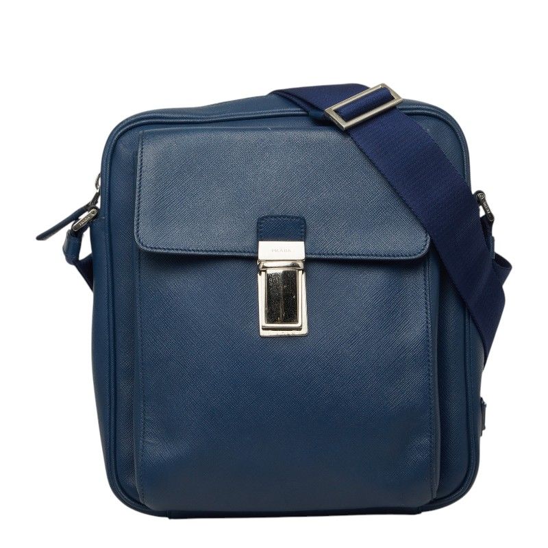 プラダ 三角ロゴプレート 斜め掛け ショルダーバッグ ネイビー サフィアーノレザー レディース PRADA【1-0266309】