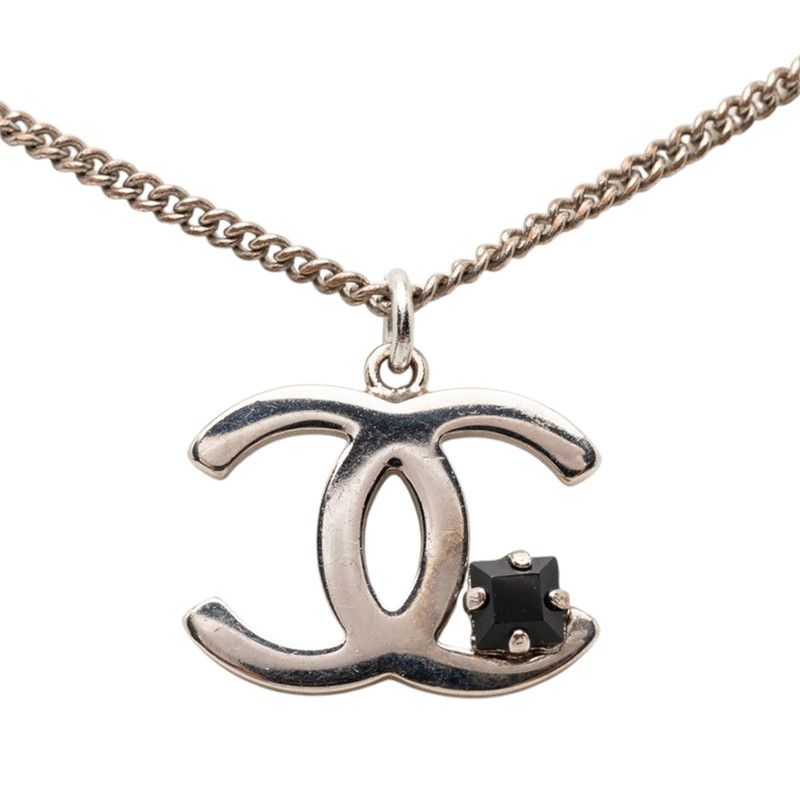 シャネル ココマーク ネックレス シルバー ブラック メタル カラーストーン レディース CHANEL【1-0267781】