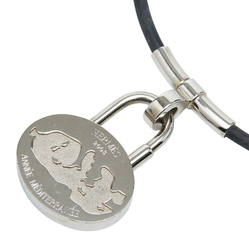 エルメス 地中海 2003年限定 ネックレス チョーカー シルバー ブラック メタル レザー レディース HERMES【1-0270170】