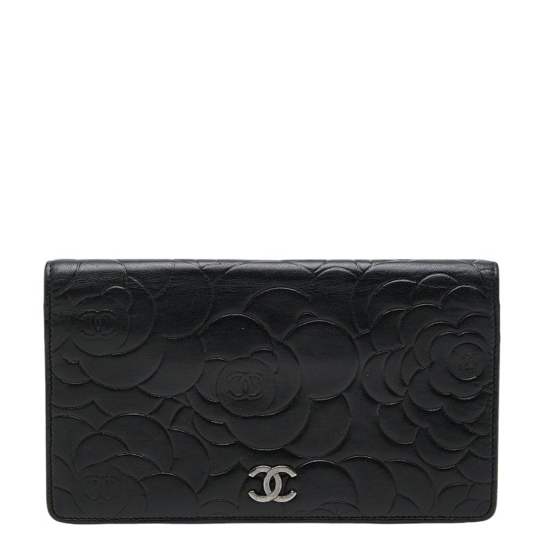 シャネル ココマーク カメリア 長財布 ブラック ラムスキン レディース CHANEL【1-0271280】