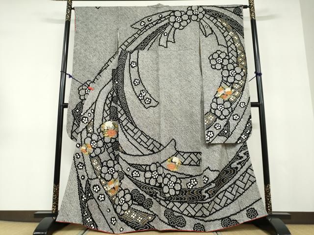 平和屋着物●豪華振袖　総絞り　駒刺繍　草花丸文　黒地　金彩　正絹　逸品　DABD9415ud 40,560円