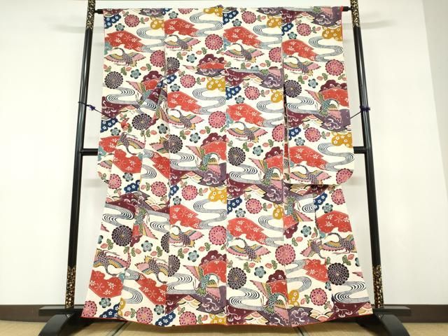 平和屋着物●豪華振袖　型染め　流水花鳥文　鬼しぼ縮緬　正絹　逸品　DABD9420ud