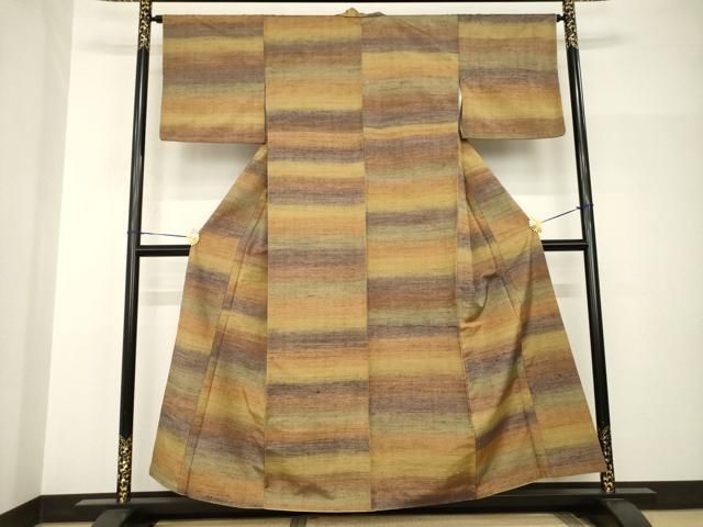 平和屋着物●郡上紬　草木染　横段文　正絹　逸品　AABH8815ck