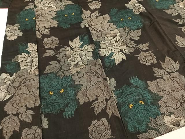 平和屋着物●本場大島紬　割り込み絣　唐獅子　牡丹　正絹　逸品　AABH4996fy