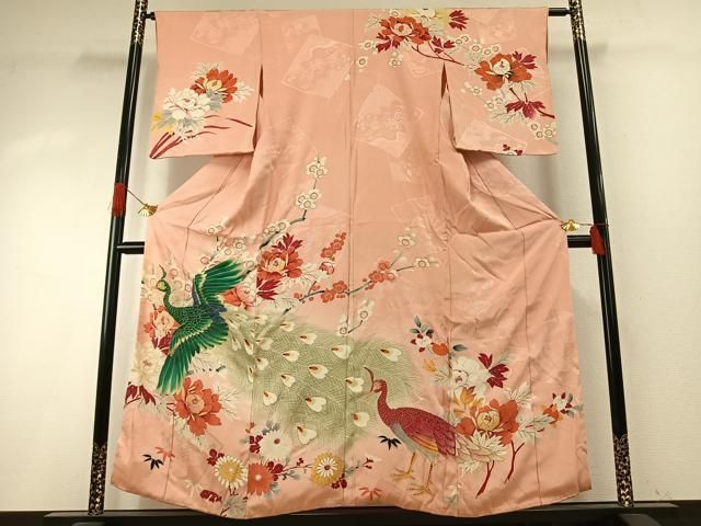 平和屋着物●アンティーク　大正ロマン　訪問着　刺繍　孔雀花文　金彩　正絹　逸品　AABH5033fy