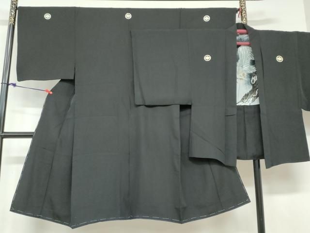 平和屋着物●男性　黒紋付　羽織セット　羽裏：松　鷹　正絹　逸品　DABD9497ud