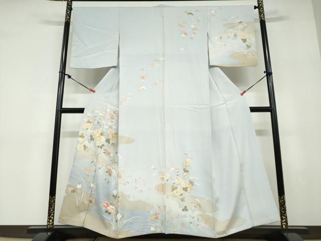 平和屋着物●訪問着　駒刺繍　流水雲取草花文　金彩　正絹　逸品　DABD9511ud