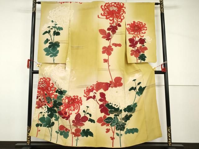 平和屋着物●アンティーク 大正ロマン 訪問着 枝菊 暈し染め 金銀糸 金彩 正絹 逸品 AABH8890cs