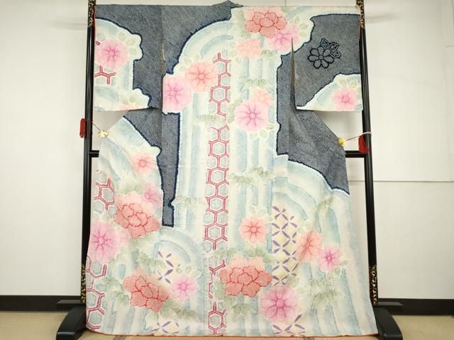 平和屋着物●名門　藤娘きぬたや・総絞り　訪問着　亀甲草花文　暈し染め　ロング丈　正絹　逸品　AABH8908cs