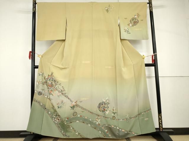 平和屋着物●訪問着　中国三大刺繍　スワトウ刺繍　汕頭刺繍　花絵皿文　金糸　金彩　正絹　逸品　AABH8946cs