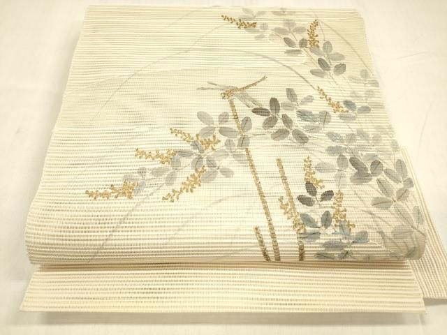 平和屋着物*夏物 絽綴れ 八寸名古屋帯 作家物 蜻蛉草葉文 金彩 正絹 逸品 DABE6130cm