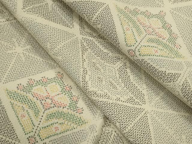 平和屋着物▽本塩沢　単衣　菱草花文　正絹　逸品　CABF3052ze