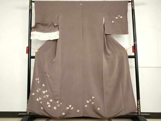 平和屋着物●訪問着　刺繍　蔦の葉文　金糸　鬼しぼ縮緬　浜ちりめん　反端付き　正絹　逸品　AABH8958cs