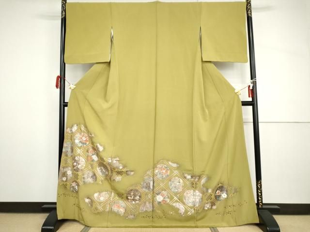 平和屋着物●色留訪問着　格子花丸文　金彩　正絹　逸品　AABH8991cs