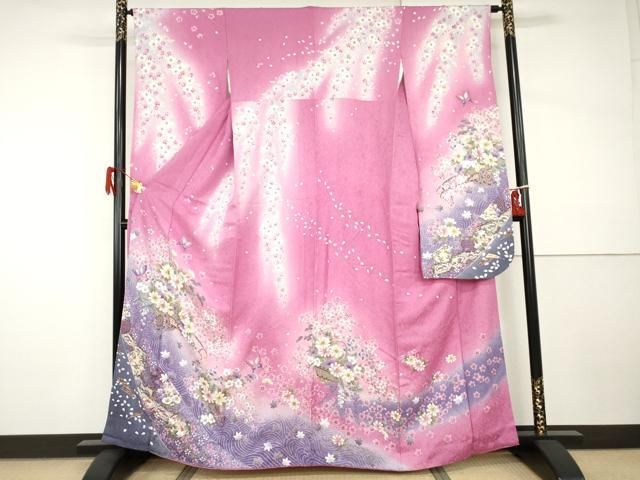 平和屋着物●豪華振袖　刺繍　花車舞蝶文　暈し染め　金糸　金彩　正絹　逸品　AABI0008cs