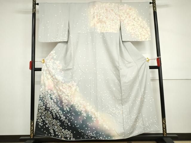 平和屋着物●訪問着　舞桜文　暈し染め　銀通し地　正絹　逸品　未使用　AABI0043cs