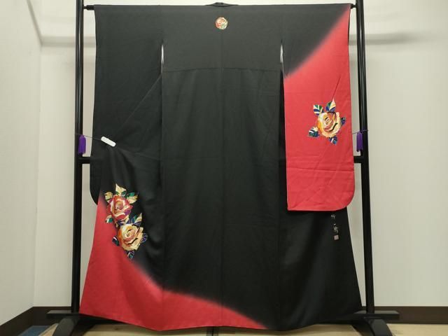 平和屋着物●染色作家　草野一騎　振袖　薔薇　暈し染め　黒地　金彩　正絹　逸品　CABD9323gh