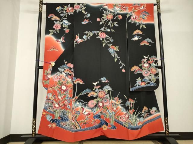 平和屋着物●豪華振袖　紅型　流水花蝶籬文　黒地　正絹　逸品　AABH9530ck 40,560円