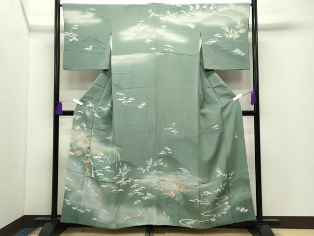 平和屋着物●訪問着　友禅　作家物　人物風景松竹梅文　暈し染め　鬼しぼ縮緬　正絹　逸品　CABD9338gh