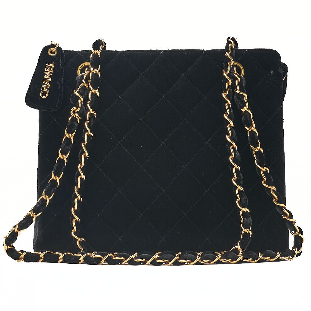 CHANEL シャネル　ベルベット　マトラッセ　プレートチャーム　Wチェーンショルダー　黒（ゴールド金具）ショルダーバッグ ミニショルダーバッグ レディースバッグ ハイブランド【中古】【送料無料】