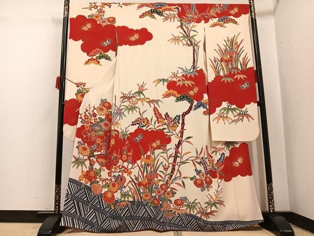 平和屋着物●和染紅型　栗山紅型　栗山吉三郎　振袖　花蝶文　鬼しぼ縮緬　正絹　逸品　AABH9759ph