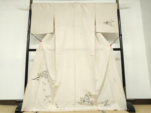 平和屋着物▽訪問着　単衣　作家物　紬地　手描き　梟　ふくろう　金彩　ロング丈　正絹　逸品　DABD9676ud